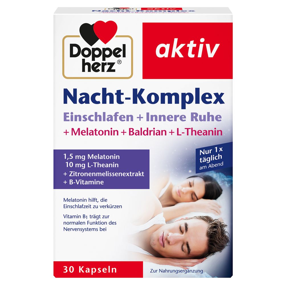 Doppelherz aktiv Nacht-Komplex. Packung mit 30 Kapseln. Enthält Melatonin, L-Theanin, Baldrian und B-Vitamine.