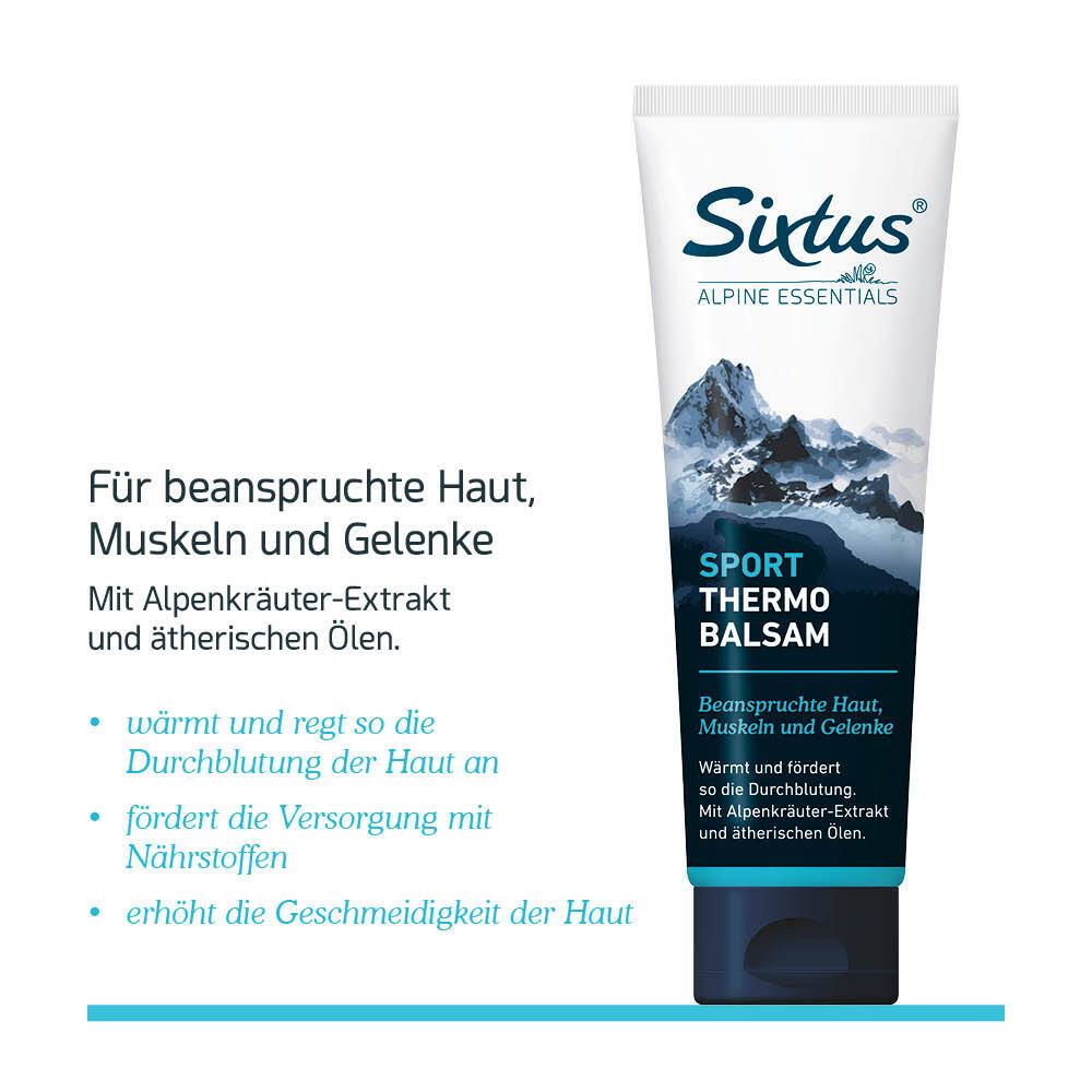 Tube mit Sixtus-Logo und Text: Sport Thermo Balsam. Text auf weißem Hintergrund: Für beanspruchte Haut, Muskeln und Gelenke. Mit Alpenkräuter-Extrakt.