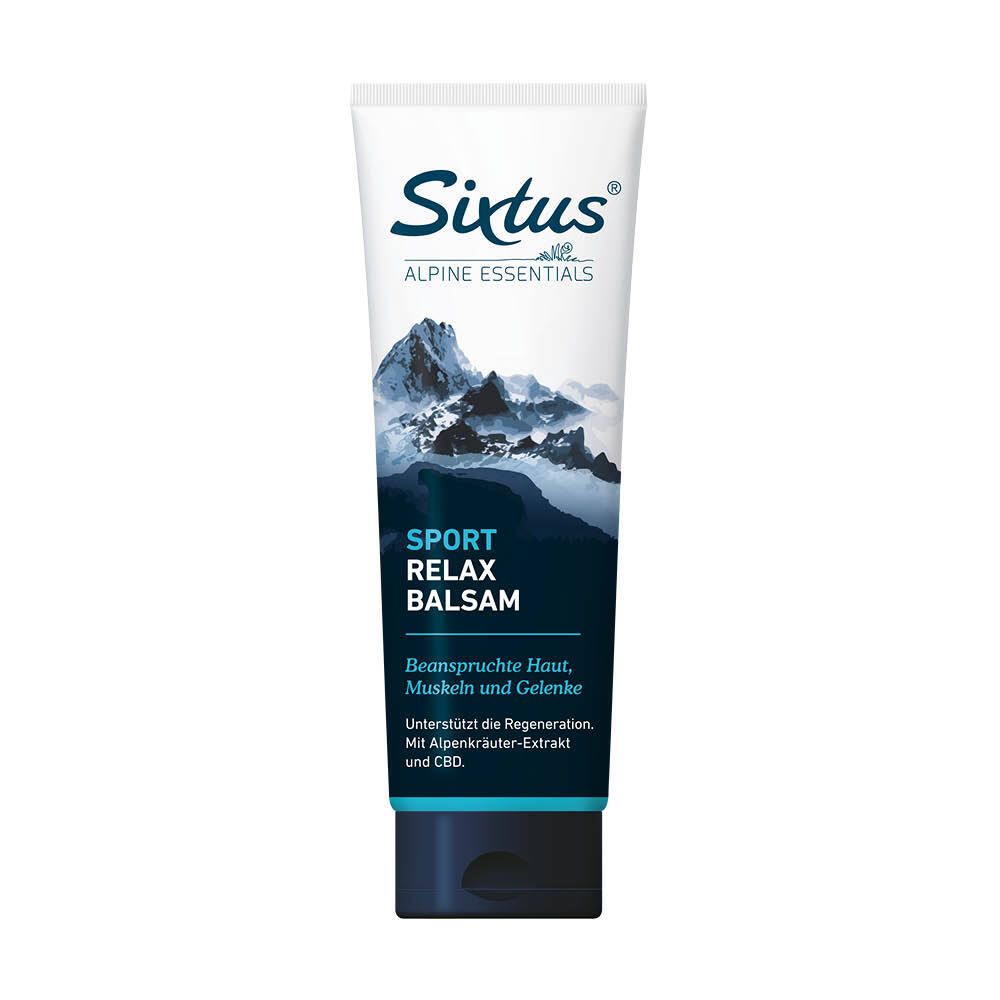 Weiß-blaue Tube mit Sixtus-Logo und Produktbezeichnung SPORT RELAX BALSAM. Bergmotiv. Text: Für beanspruchte Haut, Muskeln und Gelenke.