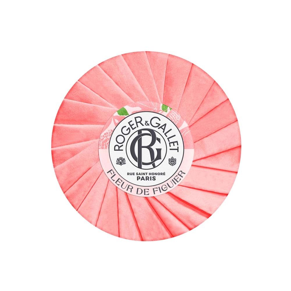 Runde, rosa Seife mit Papierverpackung. Logo und Schriftzug: ROGER&GALLET, Fleur de Figuier.