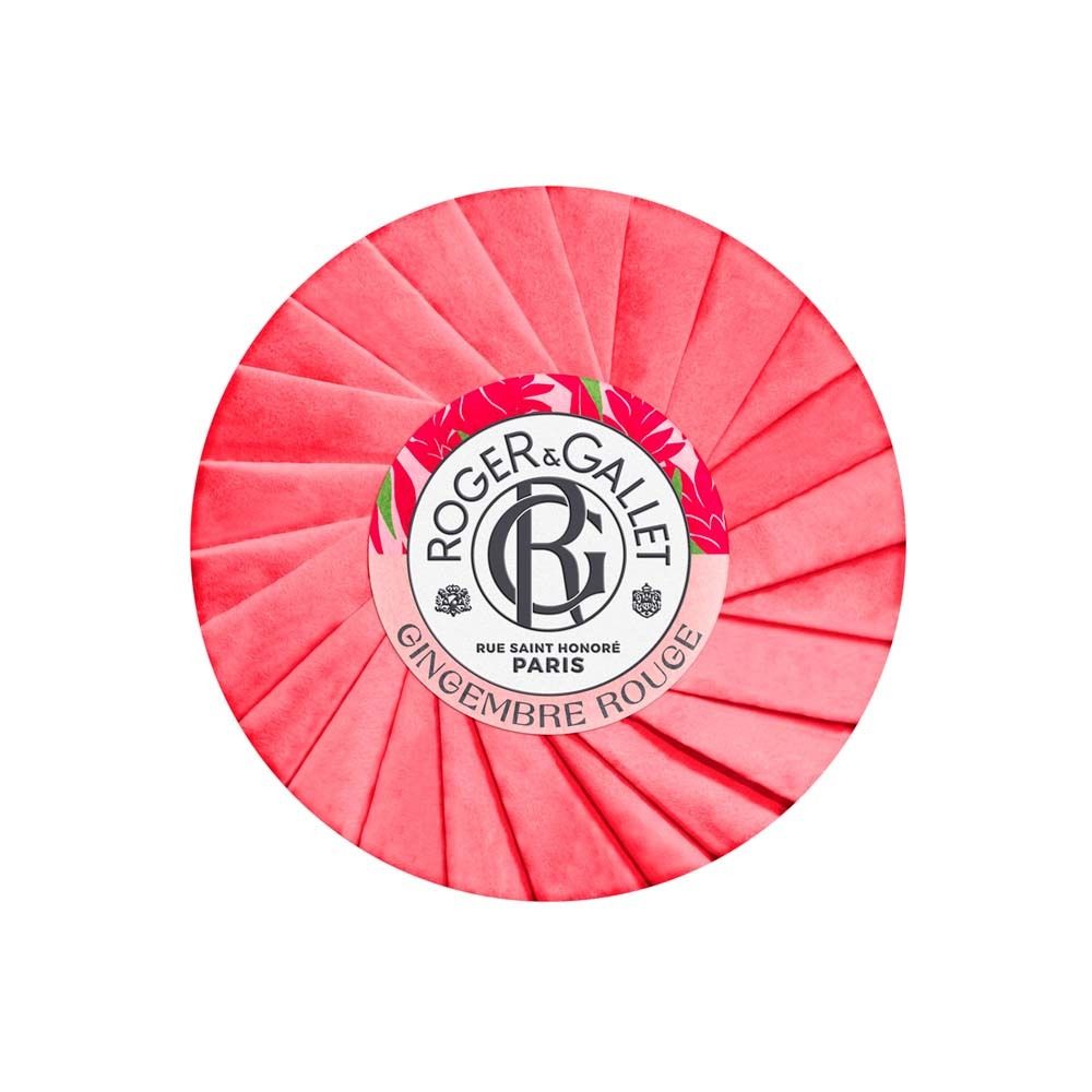 Rundes, rotes Papier mit ROGER&GALLET-Etikett. Aufschrift: Gingembre Rouge, Paris. Blütenmuster.