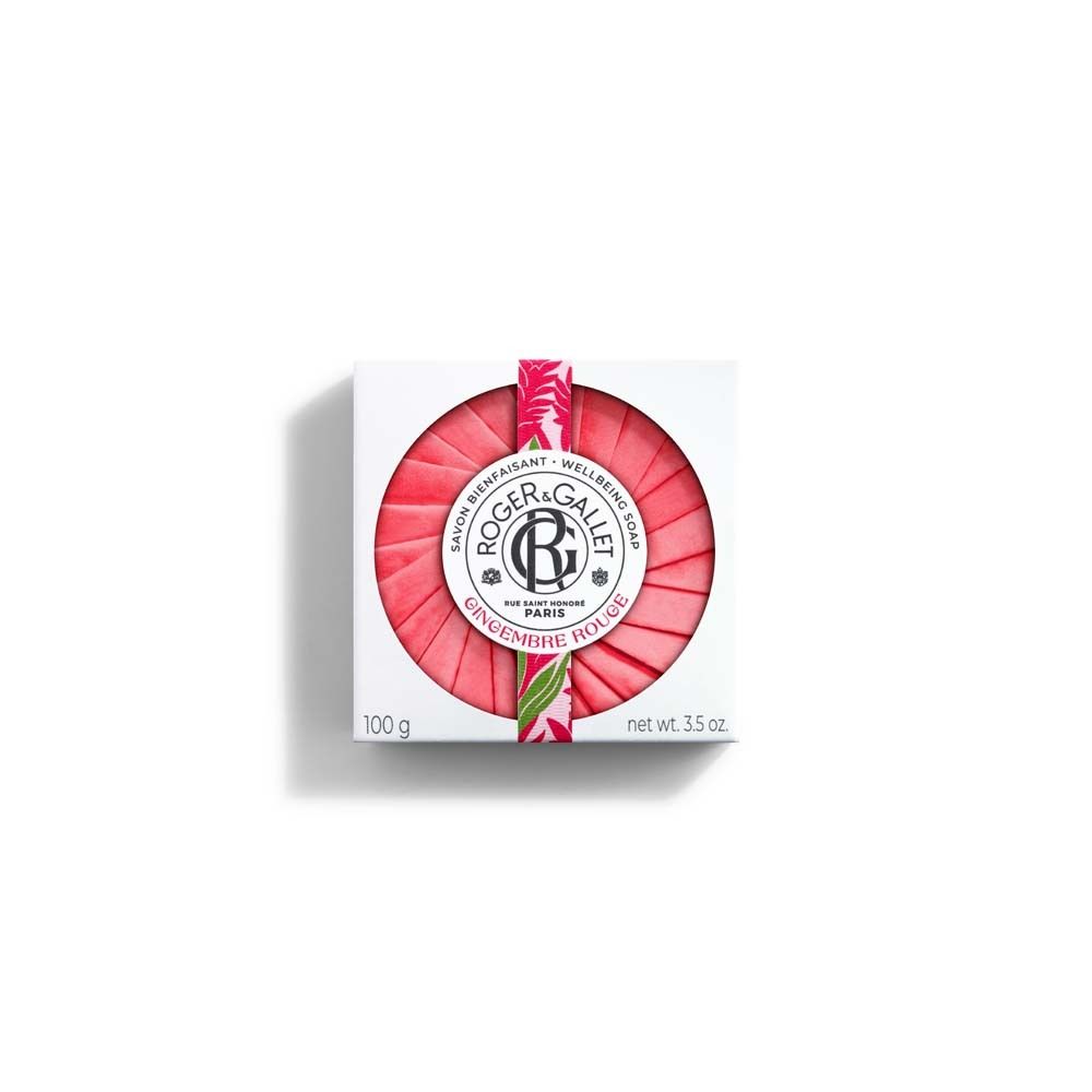 Weiße Schachtel mit rotem Seifenpapier. ROGER&GALLET-Etikett. Aufschrift: Gingembre Rouge, Paris. 100g, 3.5 oz.