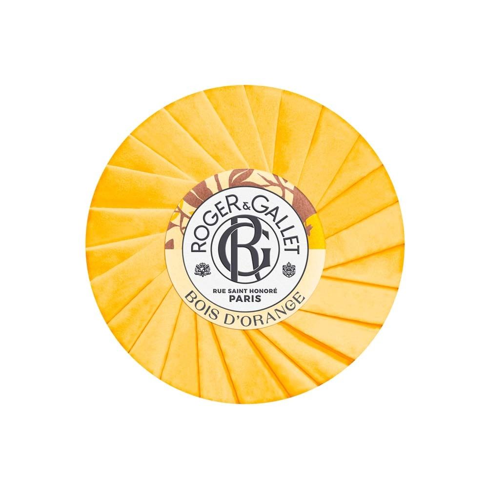 Gelbe Seife, rund, gefaltet. Mit Logo und Schriftzug ROGER&GALLET, Bois d'Orange.