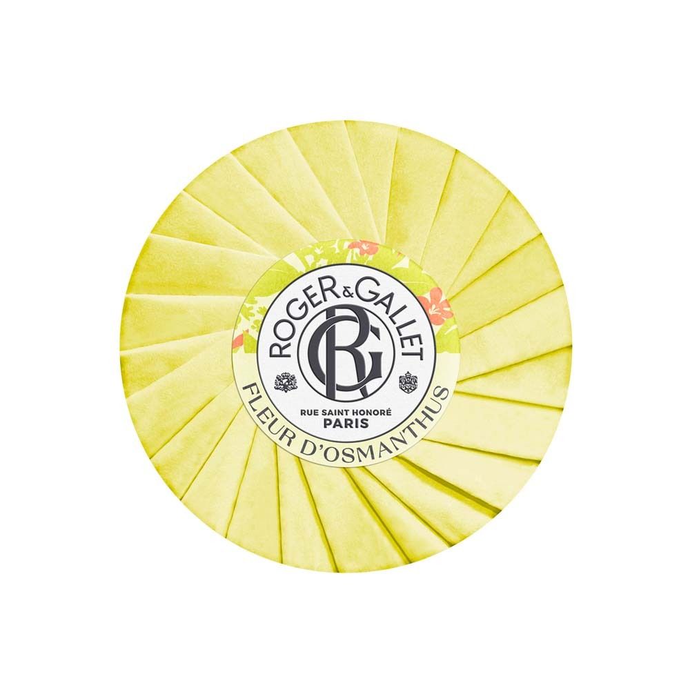 Runde Seife, gelb gefaltet. Mit Logo und Schriftzug: ROGER&GALLET, Fleur d'Osmanthus, Paris.