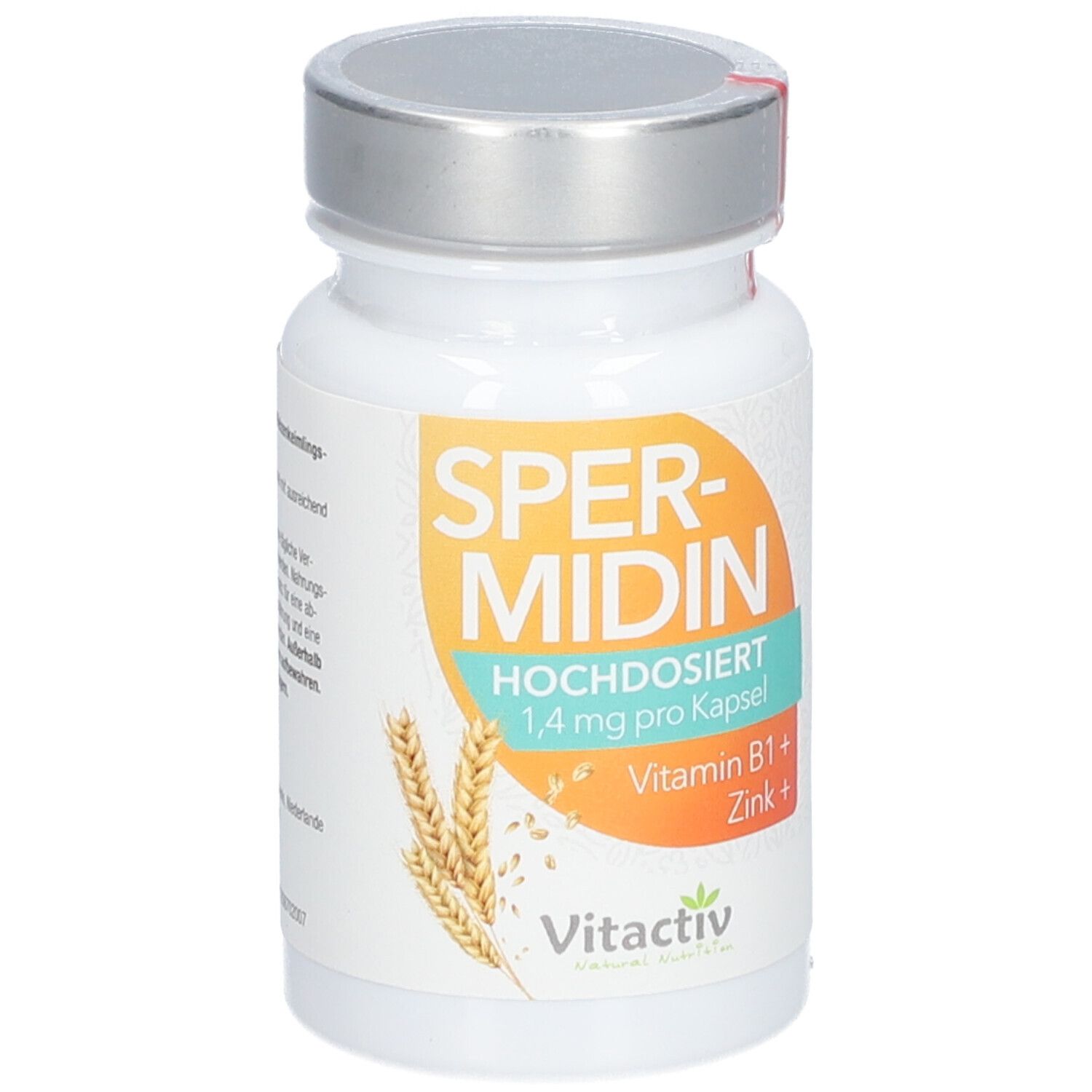 Flasche mit Kapseln. Aufschrift: SPERMIDIN, Vitamin B1 + Zink. Vitactiv Logo. Weizenähren.