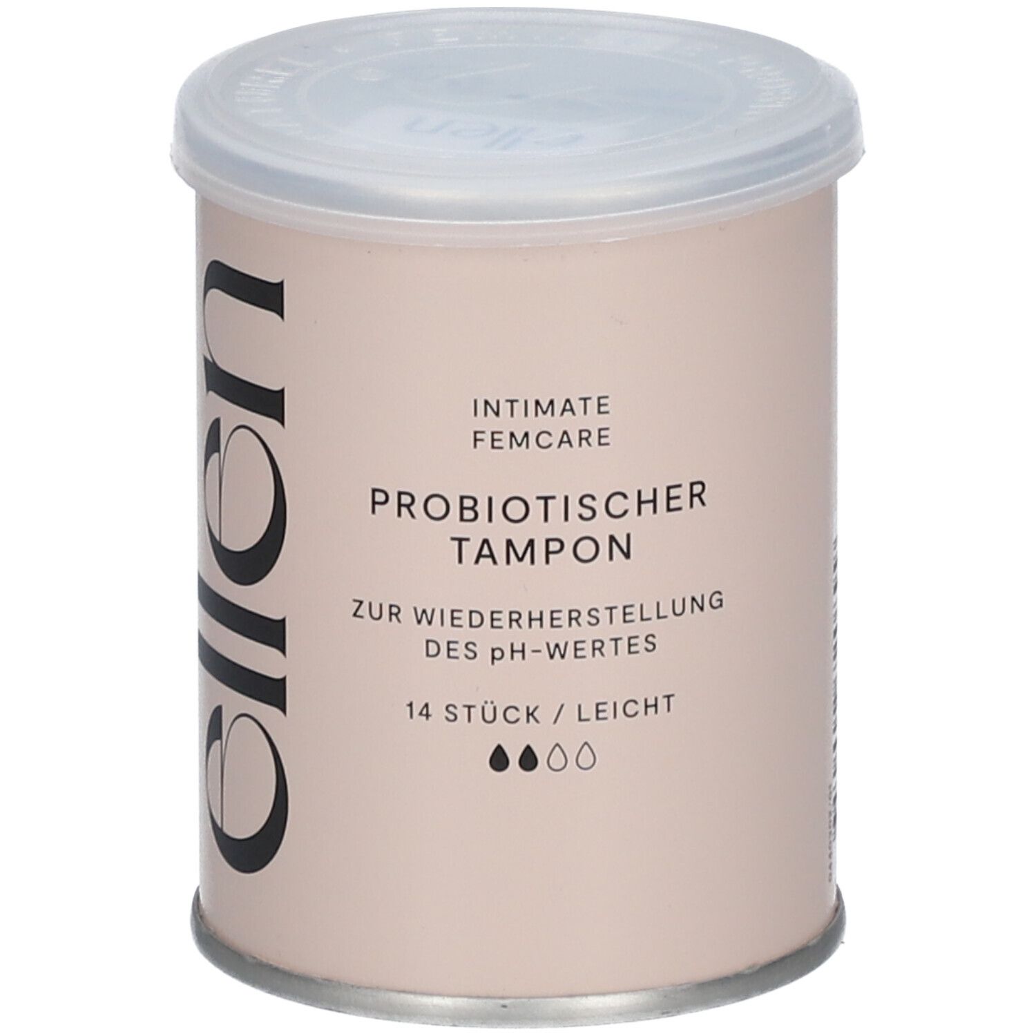 Zylindrische Verpackung mit Deckel. Aufschrift: ellen®, probiotischer Tampon, 14 Stück, leicht.