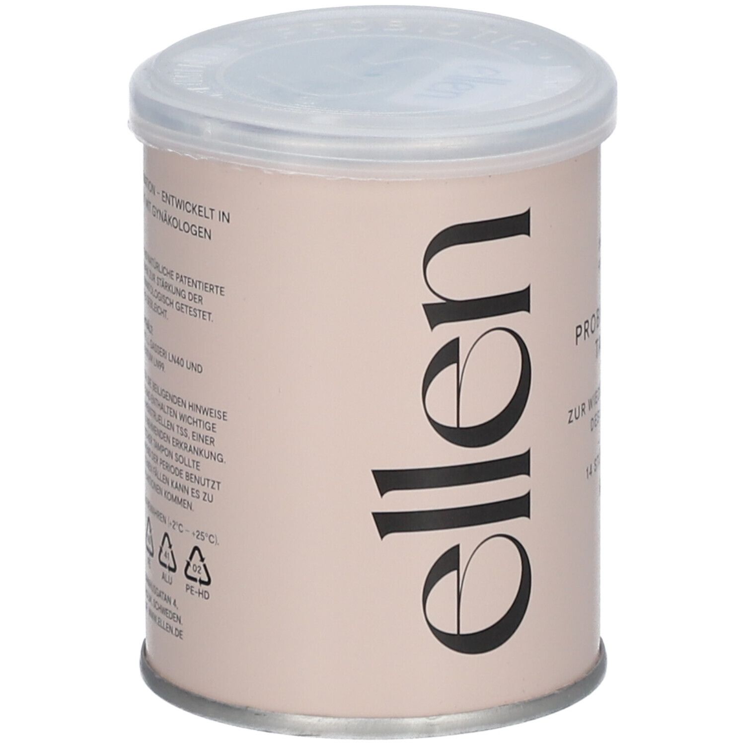 Zylindrische Verpackung mit Deckel. Aufschrift: ellen®. Rückseite mit Produktinformationen und Inhaltsstoffen.
