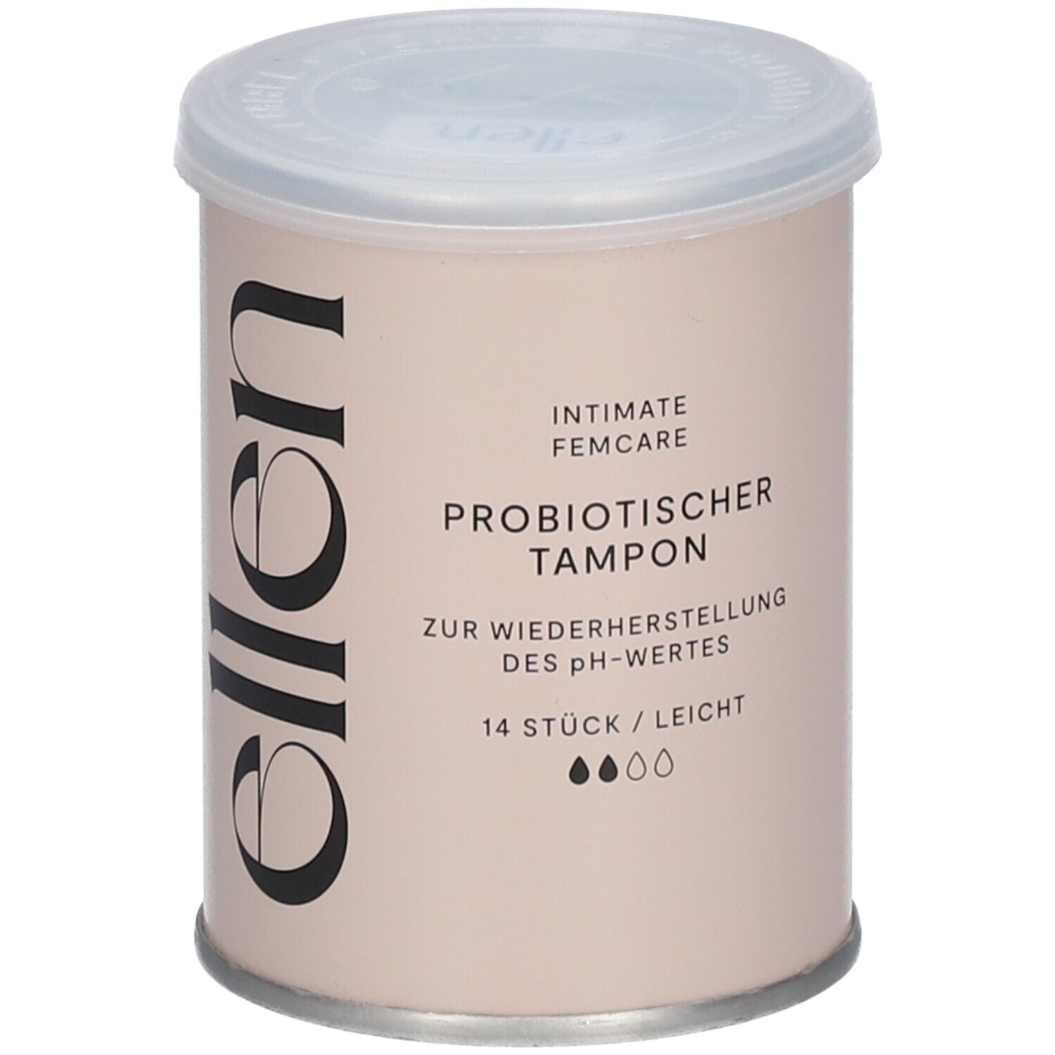 Zylindrische Verpackung mit Deckel. Aufschrift: ellen®, probiotischer Tampon, 14 Stück, leicht.