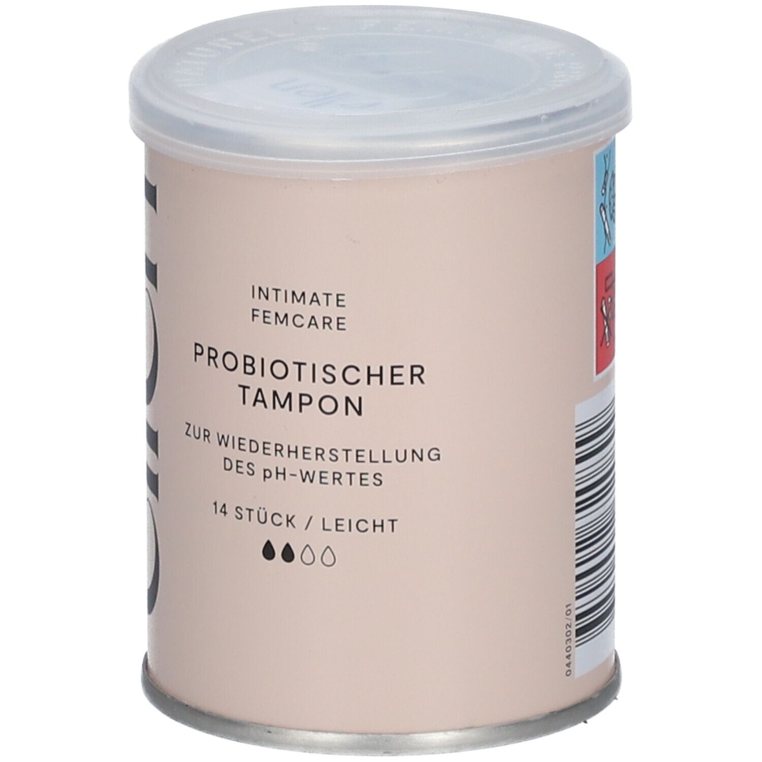 Zylindrische Verpackung mit Deckel. Aufschrift: ellen®, probiotischer Tampon, 14 Stück, leicht. Mit Barcode.