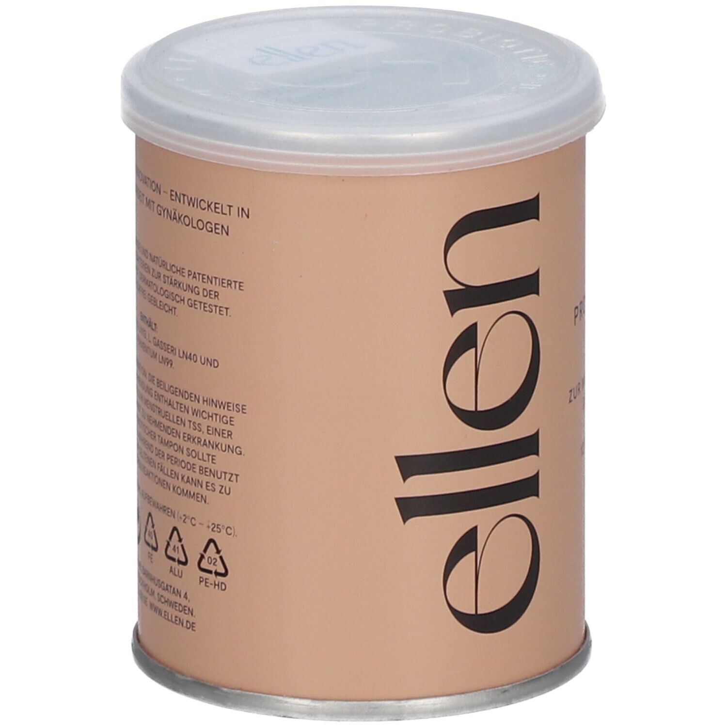 Zylindrische Dose mit Deckel. Aufschrift: ellen®. Text auf der Seite.