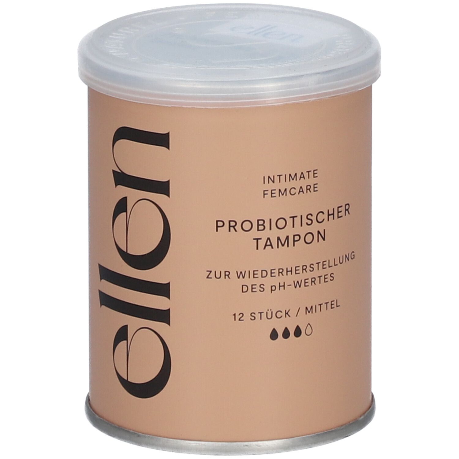 Zylindrische Dose mit Deckel. Aufschrift: ellen®, Intimate Femcare, probiotischer Tampon, 12 Stück/mittel.