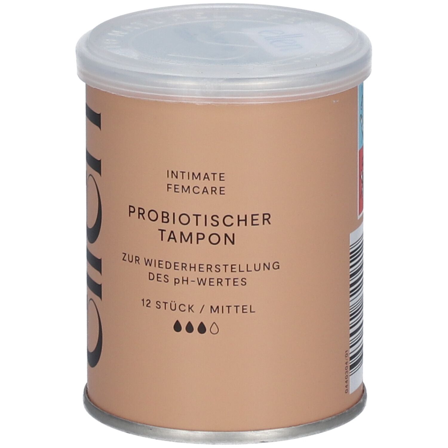Zylindrische Dose mit Deckel. Aufschrift: ellen®, Intimate Femcare, probiotischer Tampon, 12 Stück/mittel.