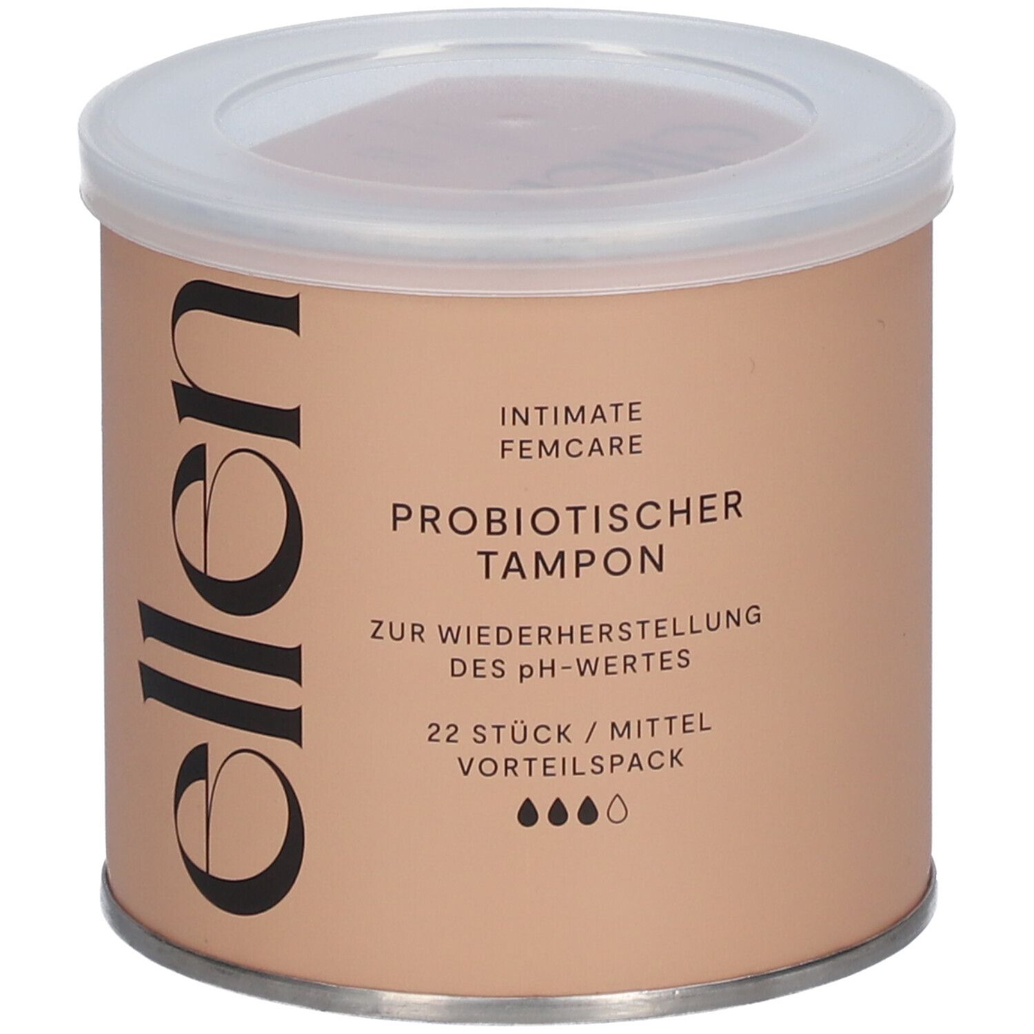 Beige Dose mit weißem Deckel. Aufschrift: ellen®, Intimate Femcare, probiotischer Tampon, 22 Stück.