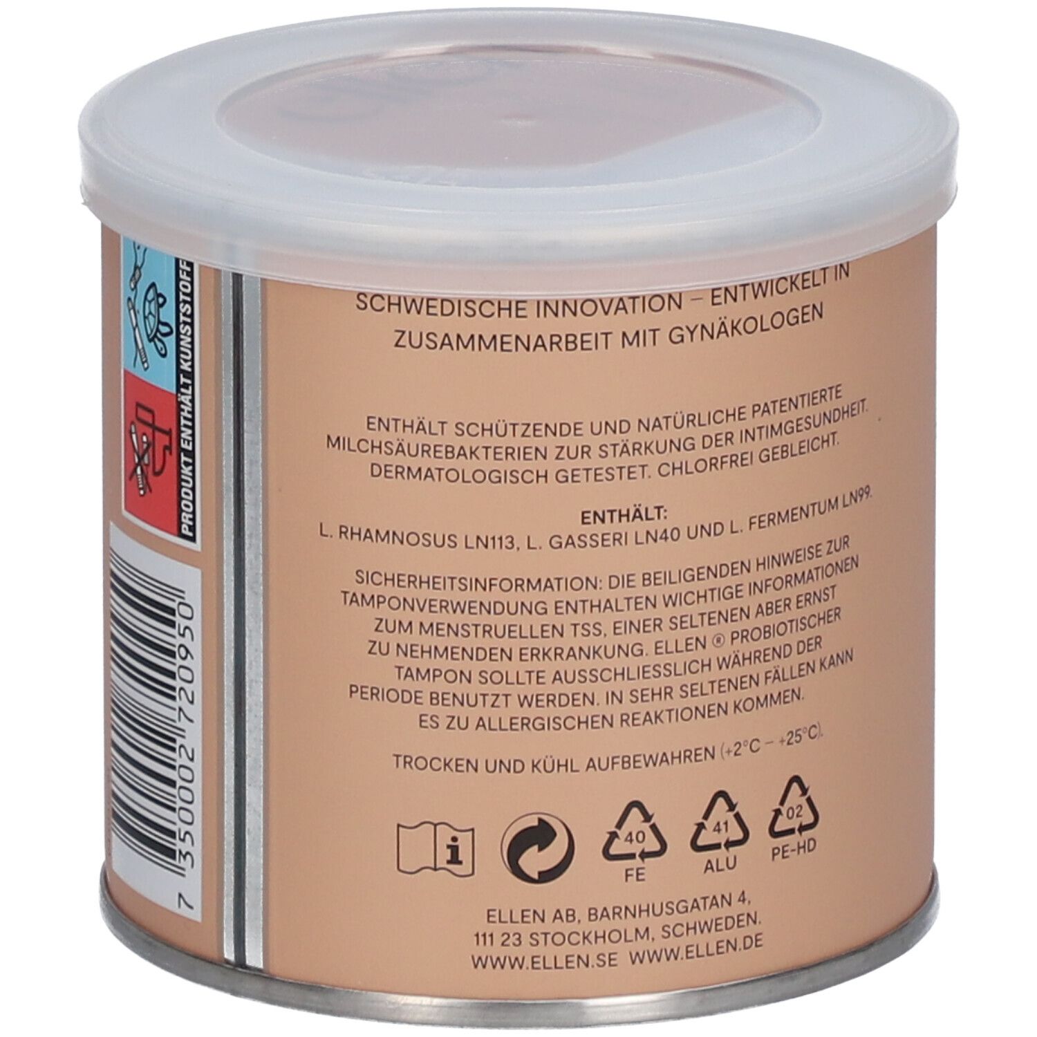 Beige Dose mit weißem Deckel. Aufschrift: ellen®, Intimate Femcare, probiotischer Tampon, 22 Stück.