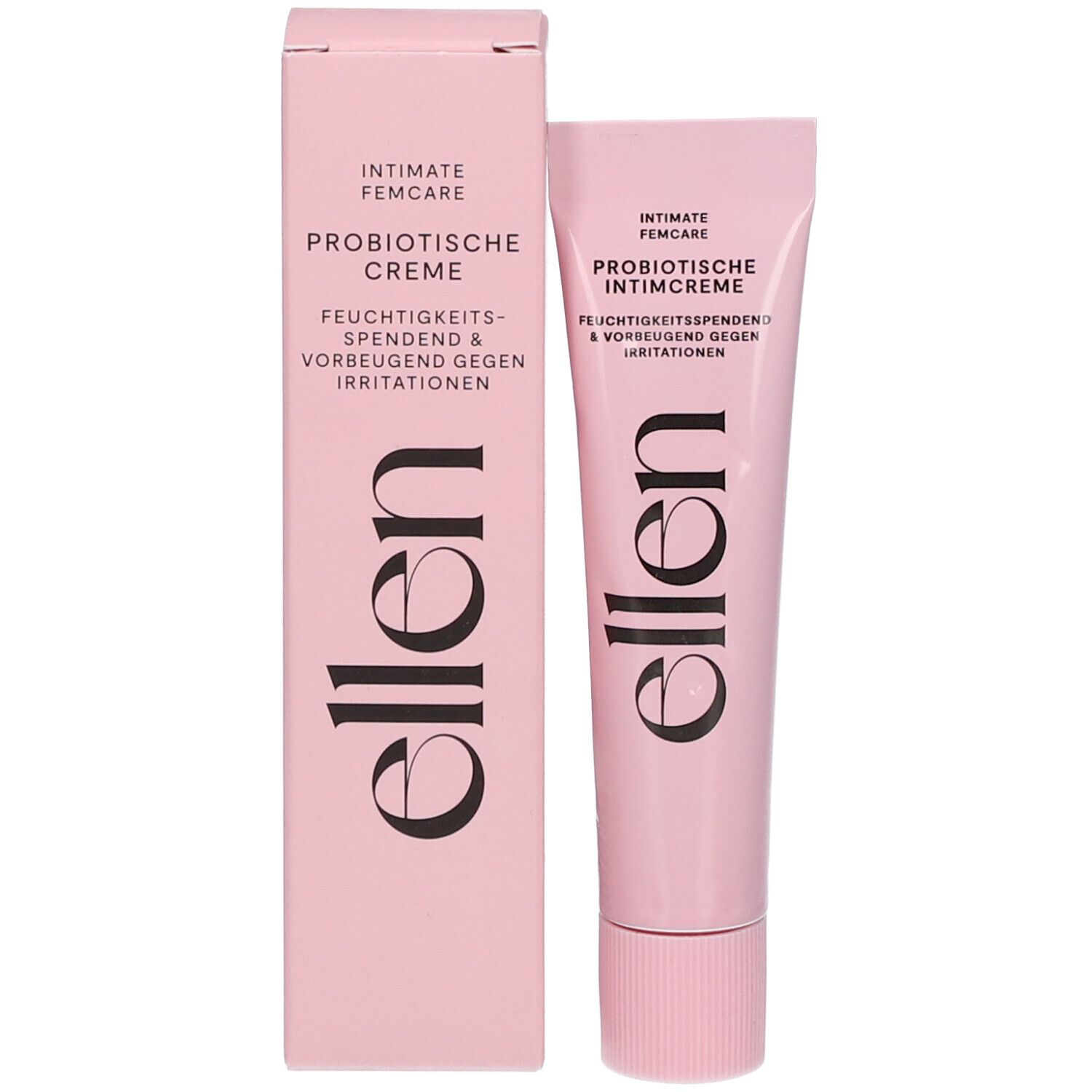 Rosa Schachtel und Tube. Schachtel mit Text: Intimcreme, "ellen". Tube: "ellen", rosa.