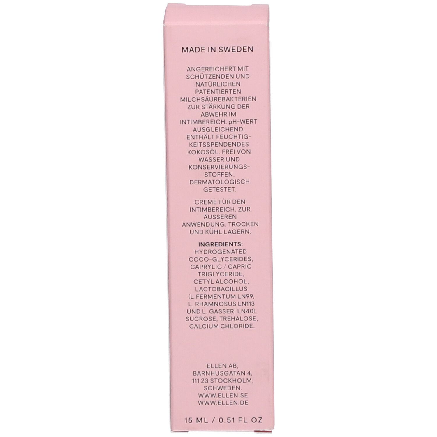 Rückseite der Schachtel. Text: Inhaltsstoffe, 15 ml, hergestellt in Schweden. Rosa.