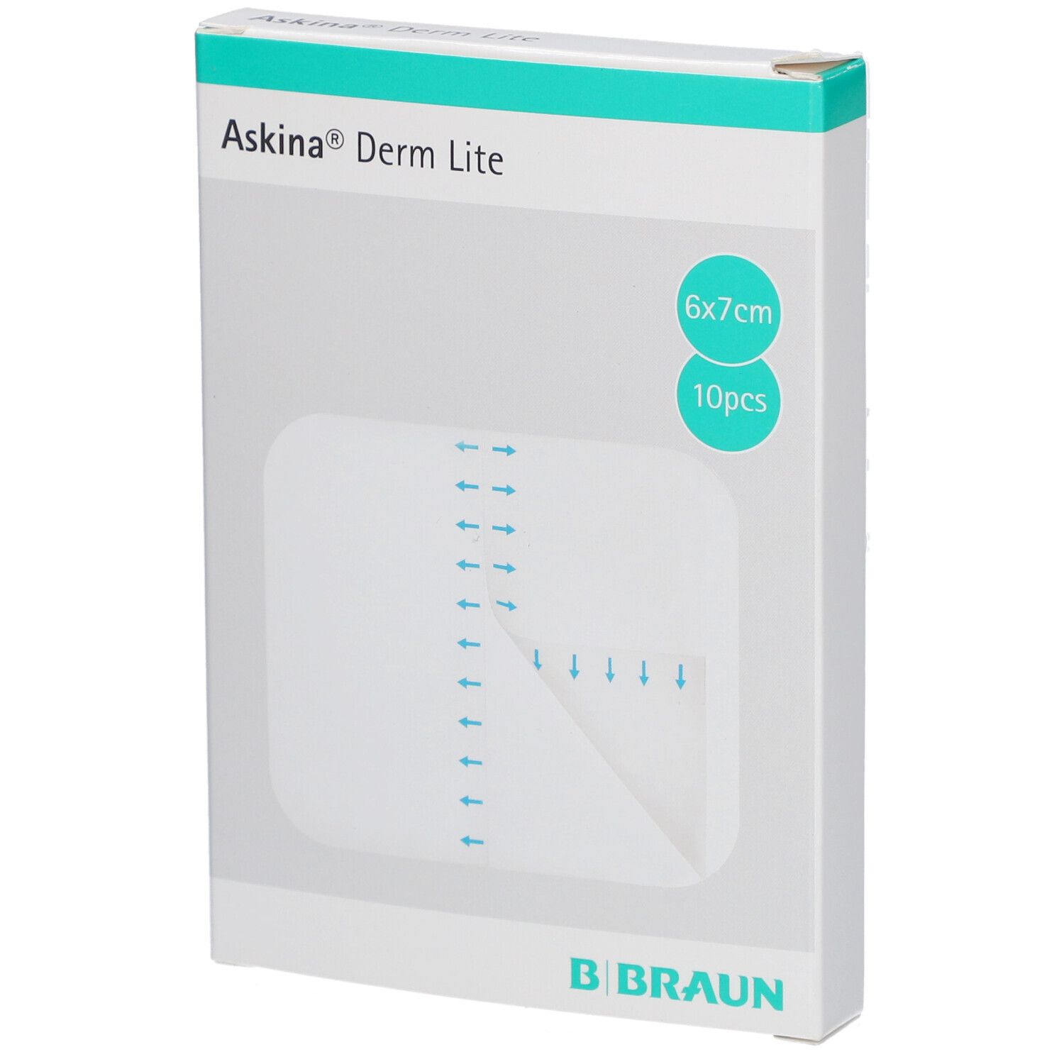 Verpackung Askina Derm Lite, 6x7cm, 10 Stück. Sichtbar: Wundverband, Pfeile, B. Braun Logo.