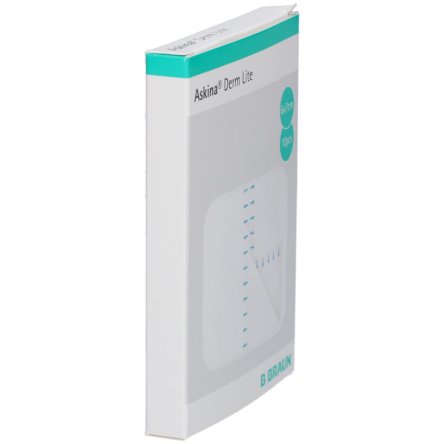 Schrägansicht der Verpackung Askina Derm Lite. Aufdruck: 6x7cm, 10 Stück, B. Braun Logo.