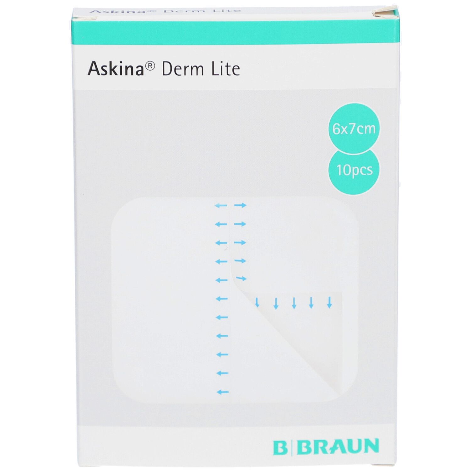 Verpackung Askina Derm Lite, 6x7cm, 10 Stück. Sichtbar: Wundverband, Pfeile, B. Braun Logo.