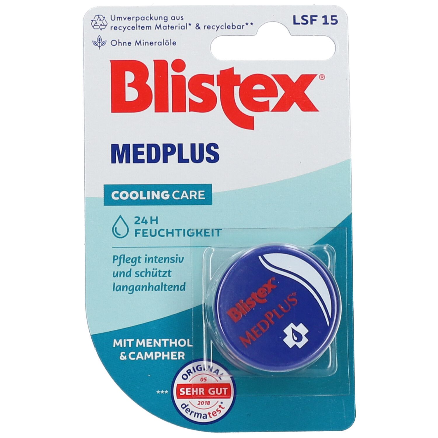 Blistex MedPlus Tiegel in Blisterverpackung. Blau-weißer Tiegel, roter Schriftzug. Kühlende Pflege, 24h Feuchtigkeit.