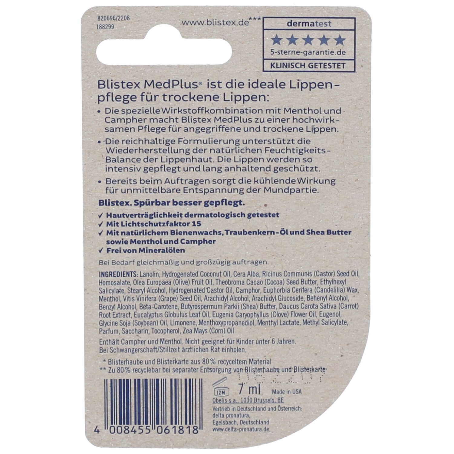 Rückseite der Blistex MedPlus Verpackung. Text in Deutsch, Inhaltsstoffe, dermatest Siegel, 7 ml Inhalt.