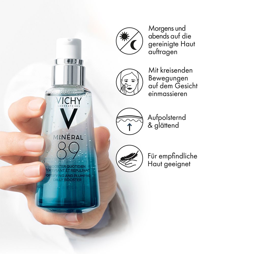 Eine Hand hält eine Flasche Vichy Minéral 89. Text: Morgens und abends auftragen.