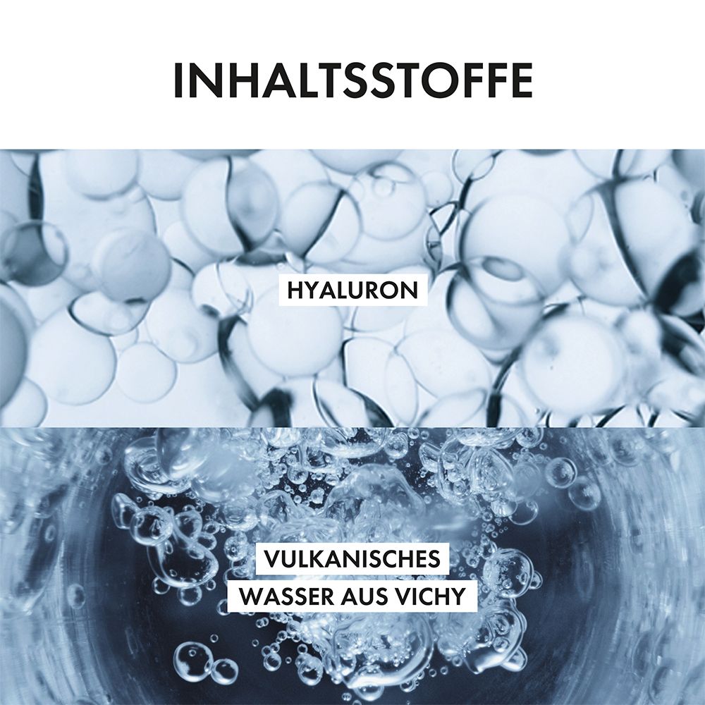 Nahaufnahme von Inhaltsstoffen. Text: Hyaluron, Vulkanisches Wasser aus Vichy.