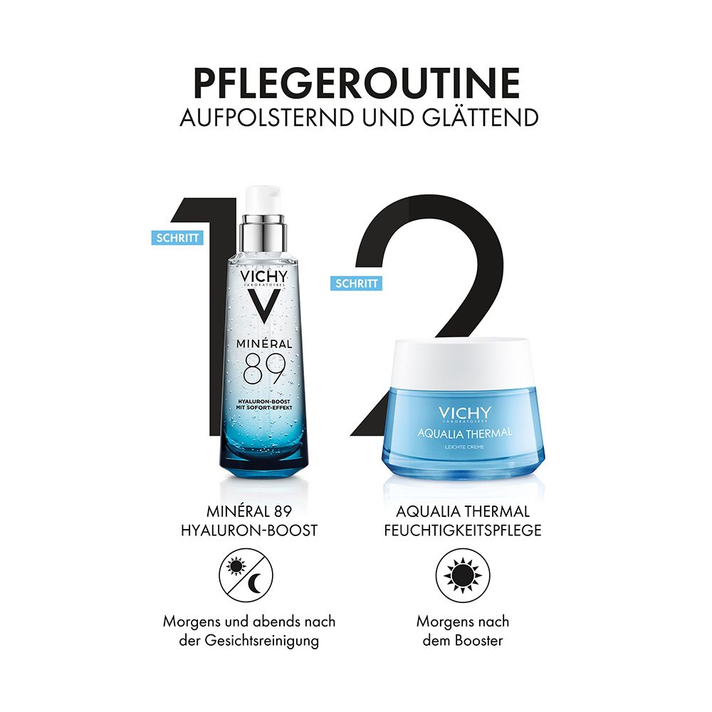 Pflege-Routine mit Vichy Produkten. Text: Minéral 89 Hyaluron-Boost, Aqualia Thermal.