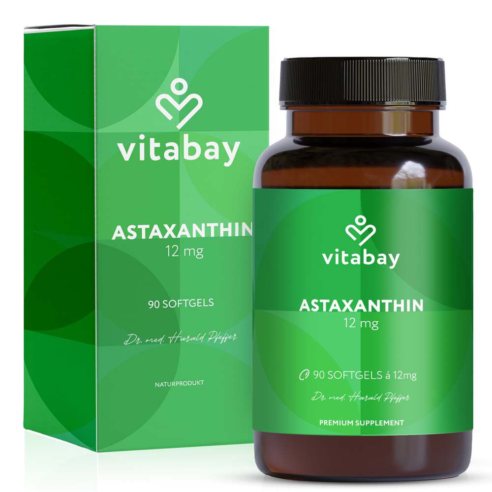 Vitabay Astaxanthin 12 mg, 90 Softgels in Braunglasflasche und Kartonverpackung.