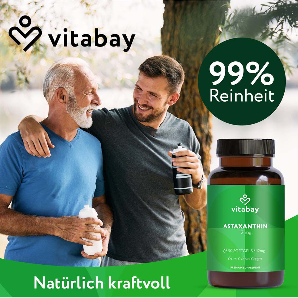 Vitabay Astaxanthin 12mg Softgels, 99% Reinheit. Flasche mit 50 Softgels. Zwei Männer im Freien.