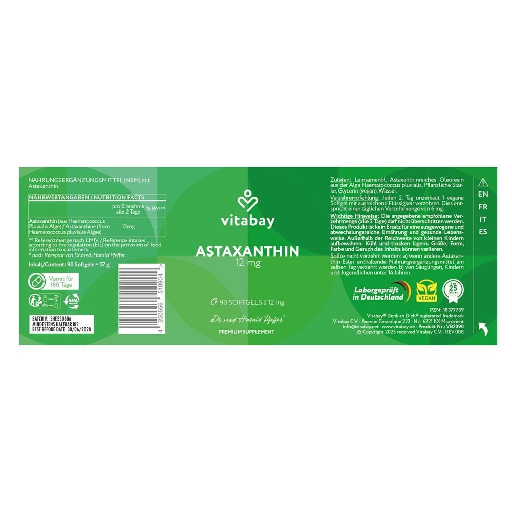 Rückseite der Verpackung mit Nährwertangaben und Inhaltsstoffen. Astaxanthin 12 mg. 90 Softgels.