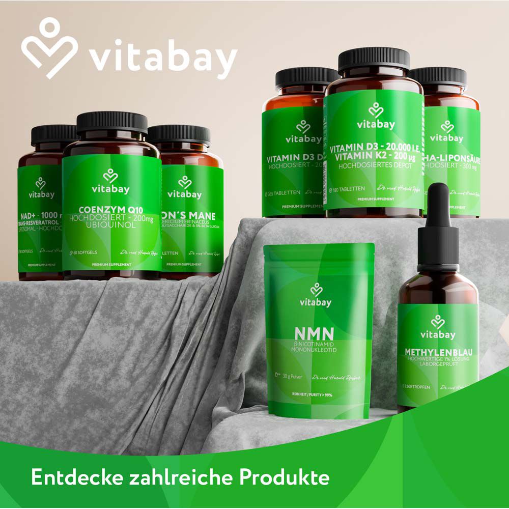 Vitabay Nahrungsergänzungsmittel: Coenzym Q10, Ginseng, Vitamin D3, K2, NMN, Methylenblau.