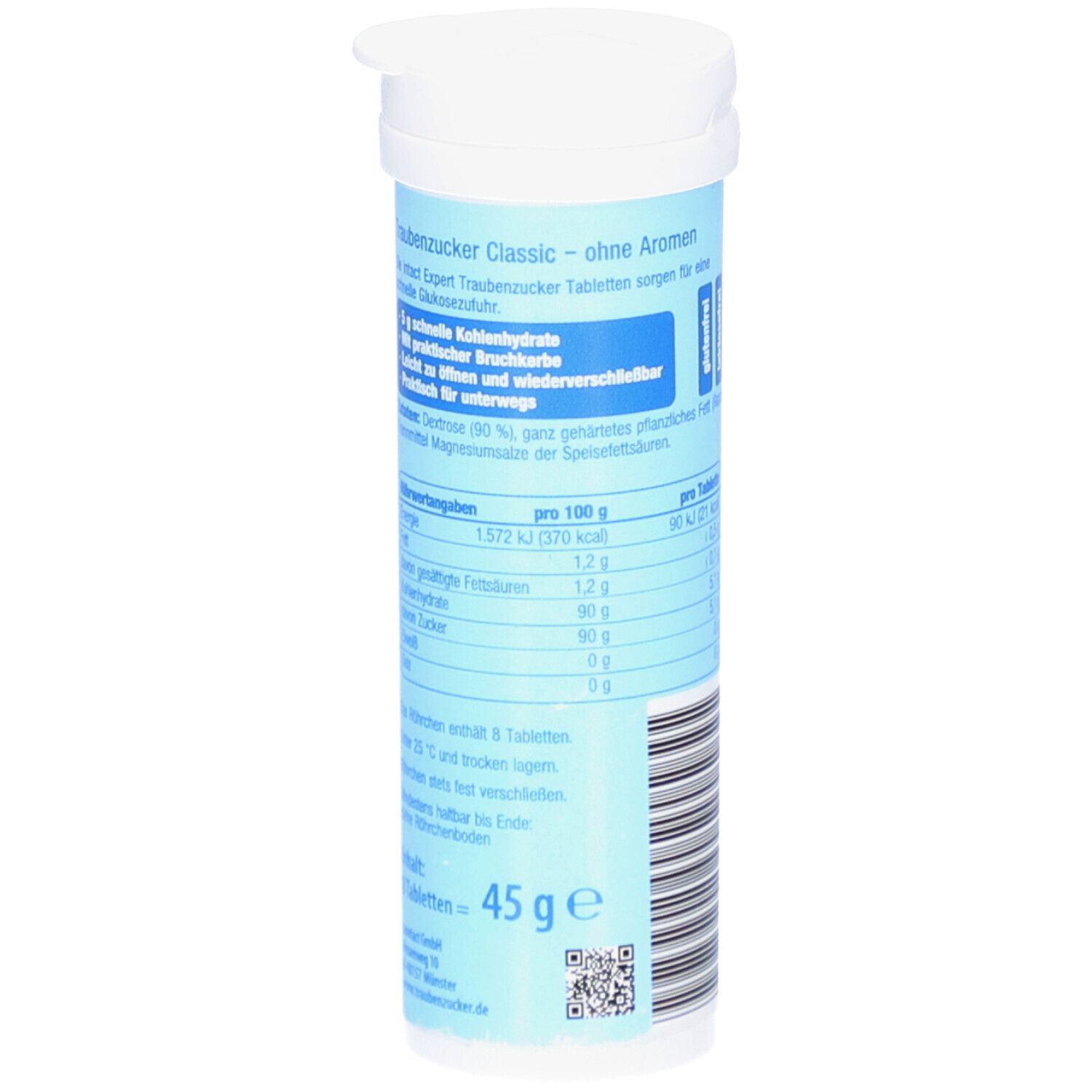 Zylinderförmige Verpackung mit Nährwertangaben und Inhaltsstoffen. Enthält "intact EXPERT Dextrose Classic Kautabletten". Gewicht: 45g.