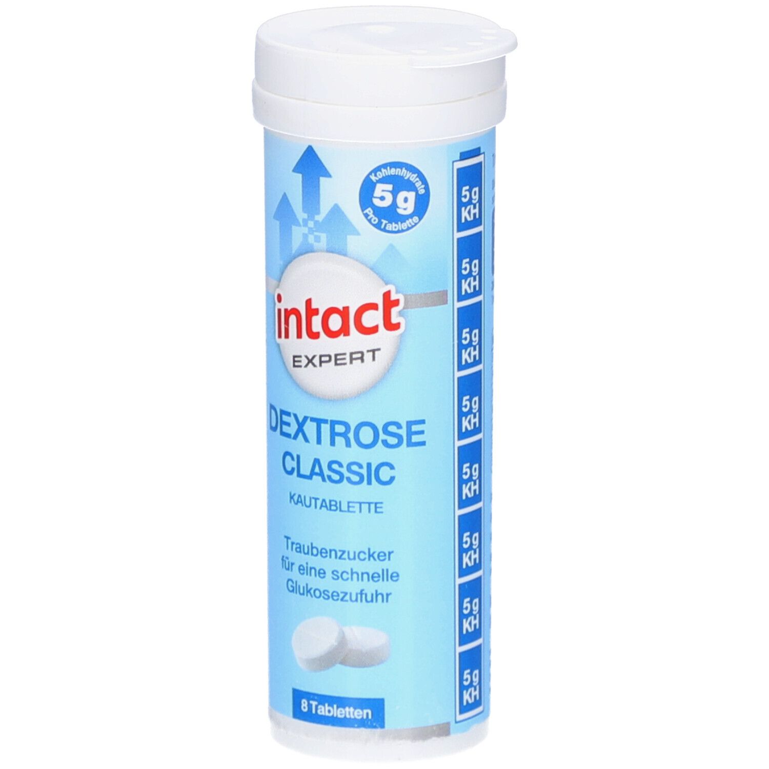 Zylinderförmige Verpackung mit "intact EXPERT Dextrose Classic Kautabletten". Enthält 8 Tabletten. Aufschrift: Traubenzucker für schnelle Glukosezufuhr.