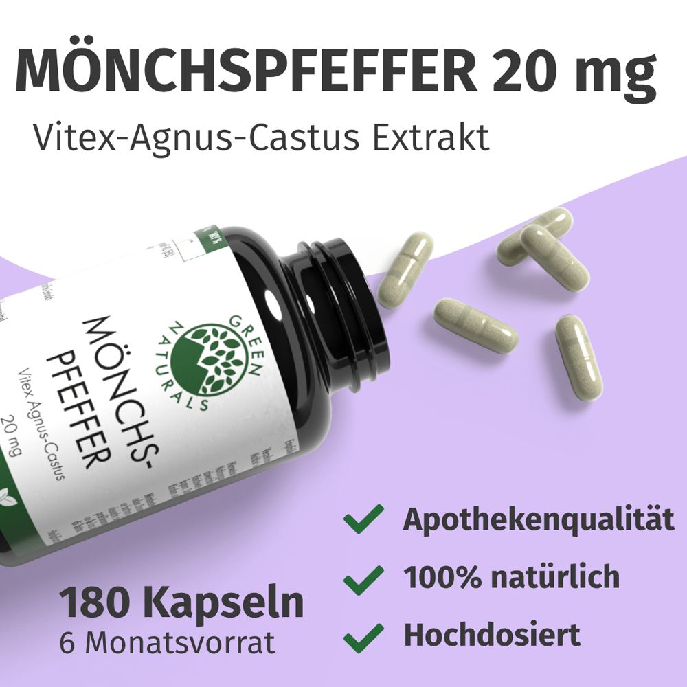Grüne Flasche mit Kapseln. Aufschrift: MÖNCHS-PFEFFER 20 mg, 180 Kapseln. Apothekenqualität, 100% natürlich.
