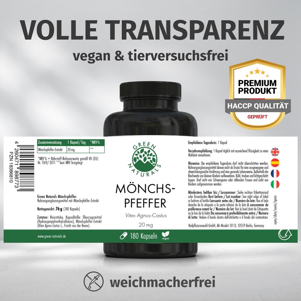 Flasche mit Etikett. Text: Volle Transparenz, vegan & tierversuchsfrei. Premium Produkt, HACCP Qualität.