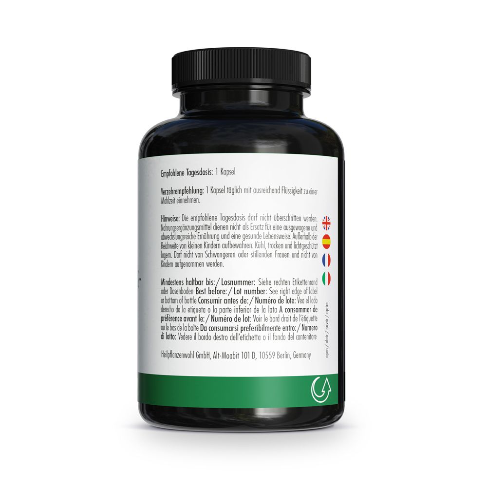 Rückseite der Flasche. Text: Empfohlene Tagesdosis: 1 Kapsel. Hinweise in mehreren Sprachen.