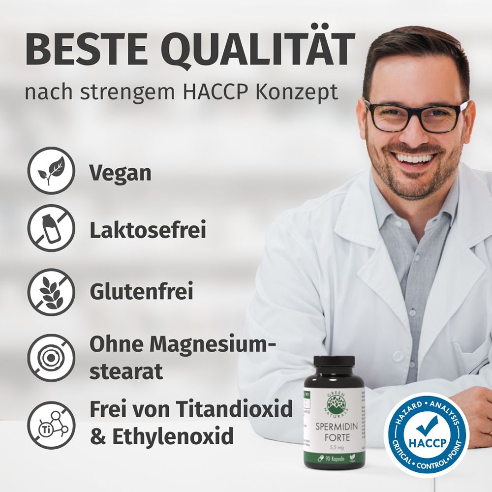 Mann im Arztkittel lächelt. Beste Qualität nach HACCP. Vegan, laktosefrei, glutenfrei.