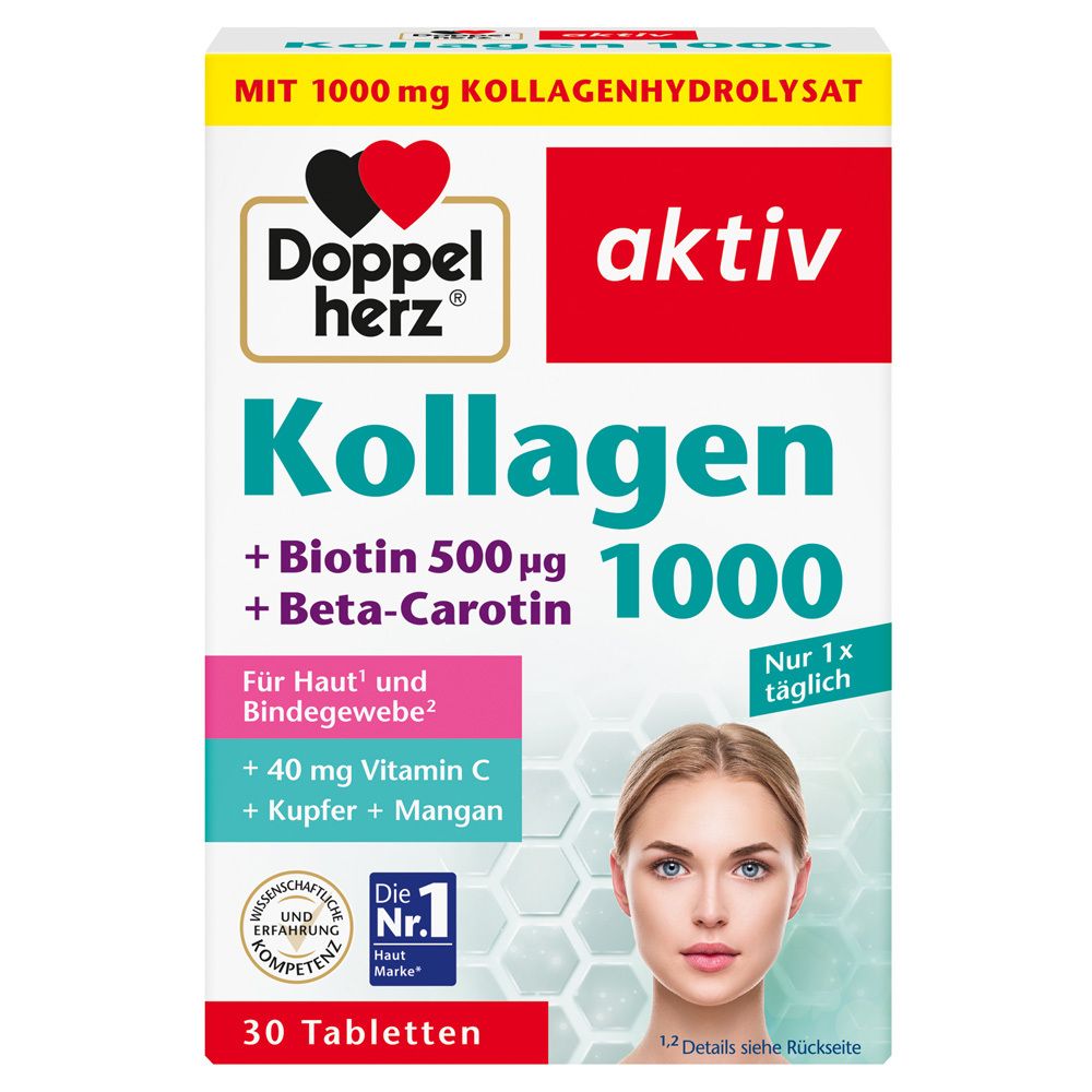 Schachtel Doppelherz aktiv Kollagen 1000. Enthält Kollagen, Biotin, Q10, Vitamin C, Kupfer und Mangan. 30 Tabletten.