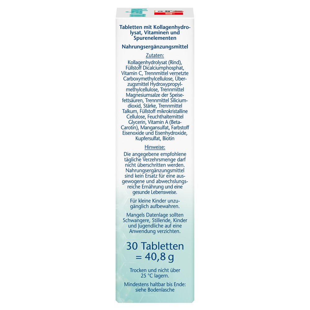 Rückseite der Schachtel. Text über Haut und Bindegewebe, glutenfrei und laktosefrei. Klimaneutrales Produkt.