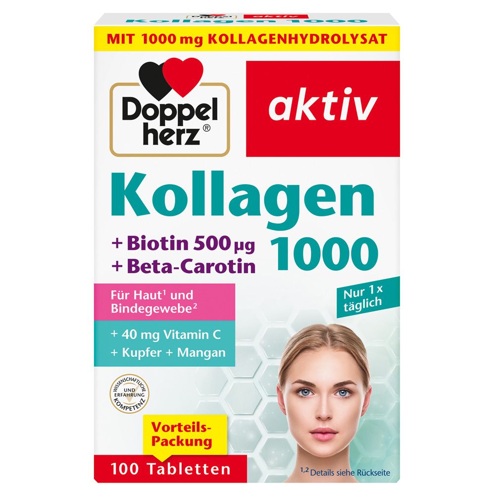 Verpackung Doppelherz aktiv Kollagen 1000. Enthält Biotin, Q10, 100 Tabletten. Für Haut und Bindegewebe.