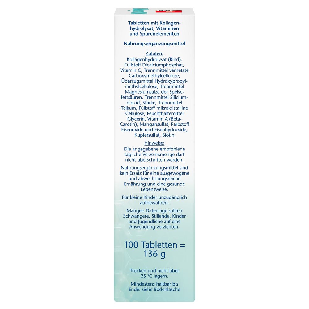 Rückseite der Verpackung von Doppelherz aktiv Kollagen 1000. Enthält Zutaten, Hinweise und Nährwertangaben.