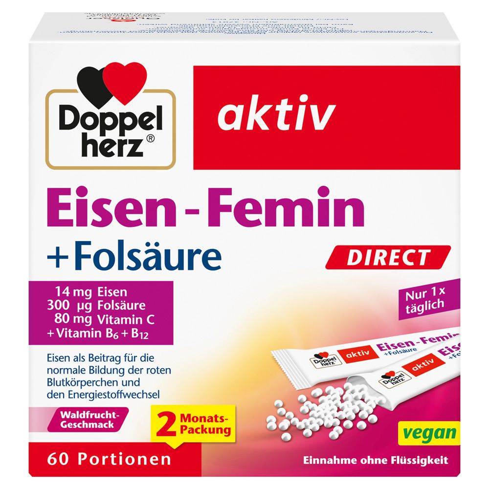 Verpackung von Doppelherz Eisen-Femin + Folsäure DIRECT. 60 Portionen. Vegan. Mit Eisen, Folsäure, Vitamin C, B6, B12.