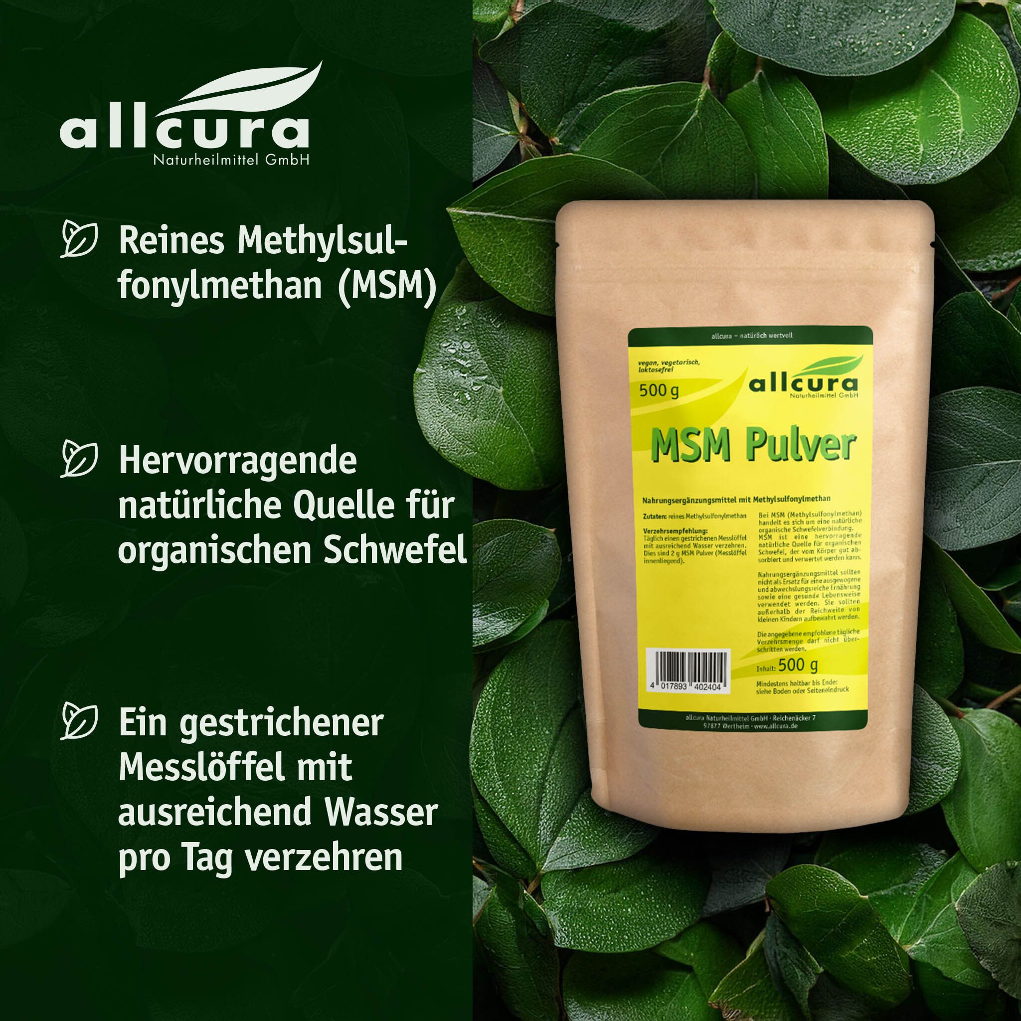 Brauner Beutel mit gelbem Etikett. Aufschrift: allcura MSM Pulver, 500g. Hintergrund: grüne Blätter.