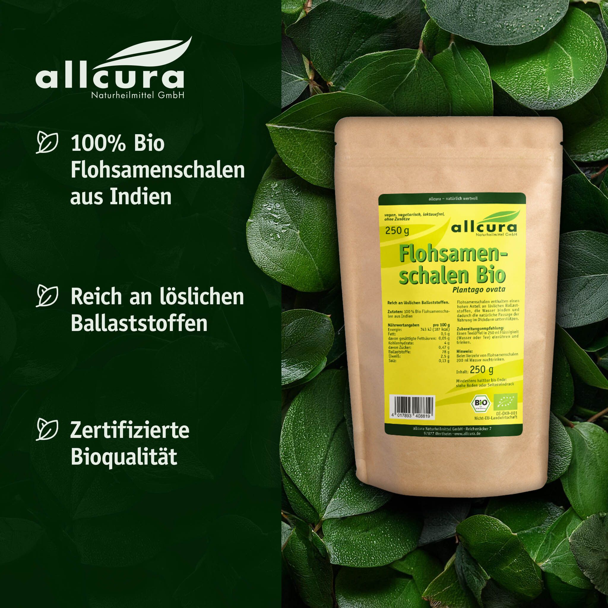 Produktverpackung von allcura Flohsamenschalen Bio. Brauner Beutel mit grünen Blättern im Hintergrund. Text: 100% Bio, reich an Ballaststoffen.