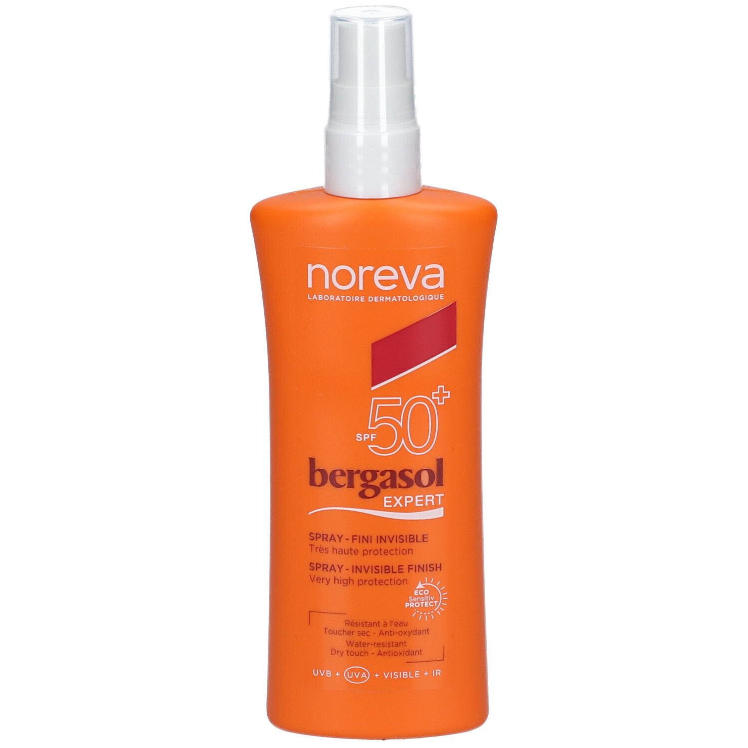 Orangefarbene Sprühflasche mit weißem Sprühkopf. Aufschrift: Noreva, SPF 50+, bergasol expert, Invisible Finish.