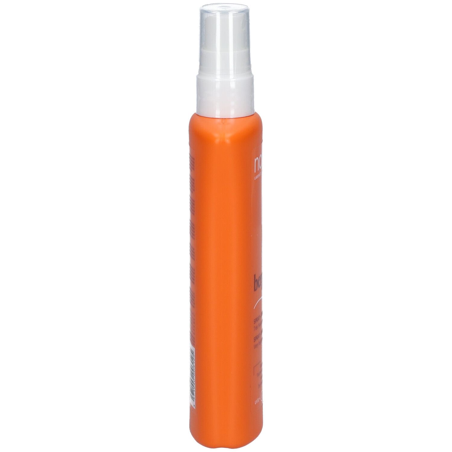 Orangefarbene Sprühflasche mit weißem Sprühkopf. Seitenansicht. Aufschrift nicht lesbar.