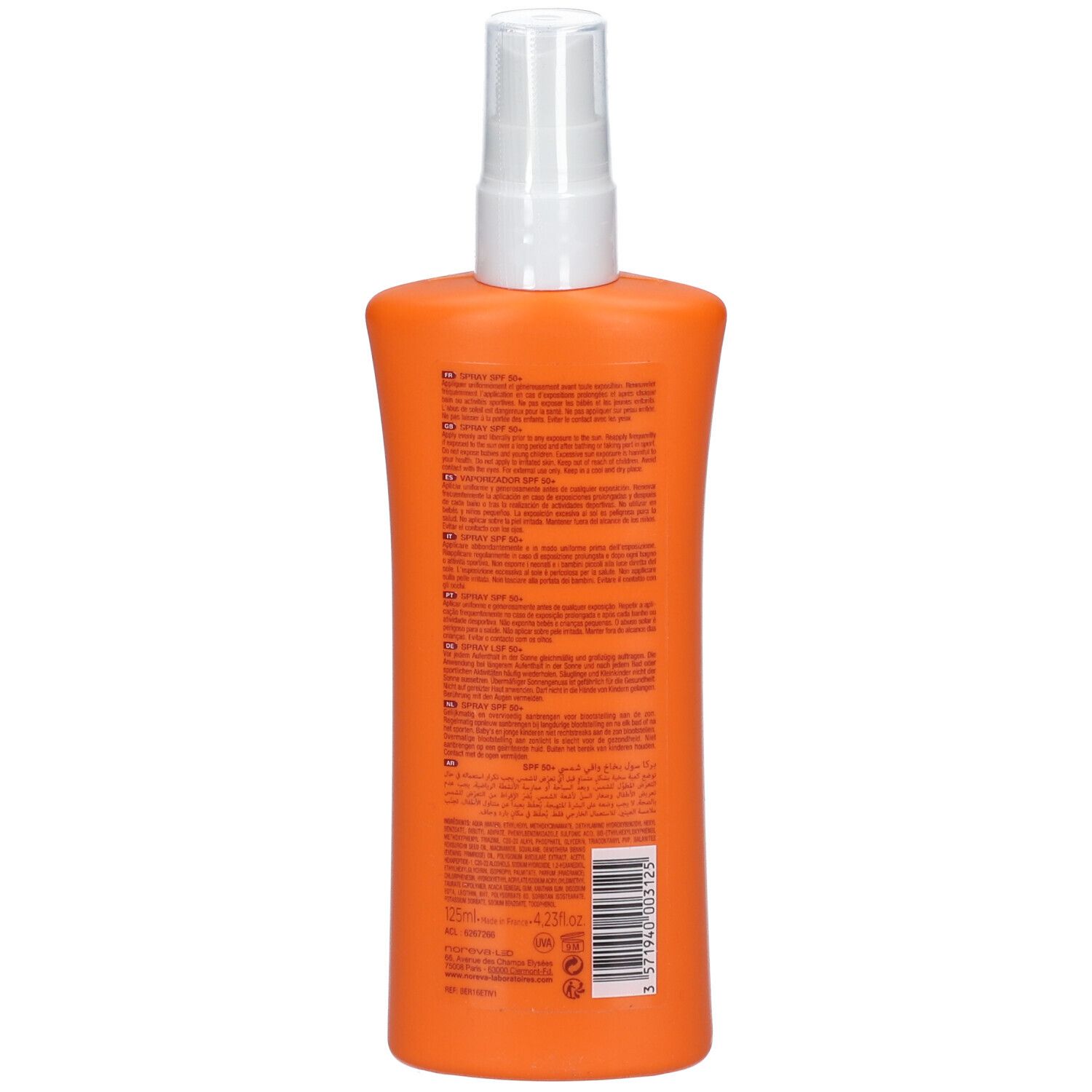 Orangefarbene Sprühflasche mit weißem Sprühkopf. Rückseite mit Text. Aufschrift nicht lesbar.