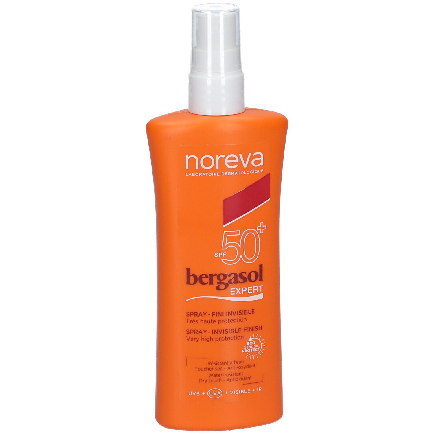 Orangefarbene Sprühflasche mit weißem Sprühkopf. Aufschrift: Noreva, SPF 50+, bergasol expert, Invisible Finish.