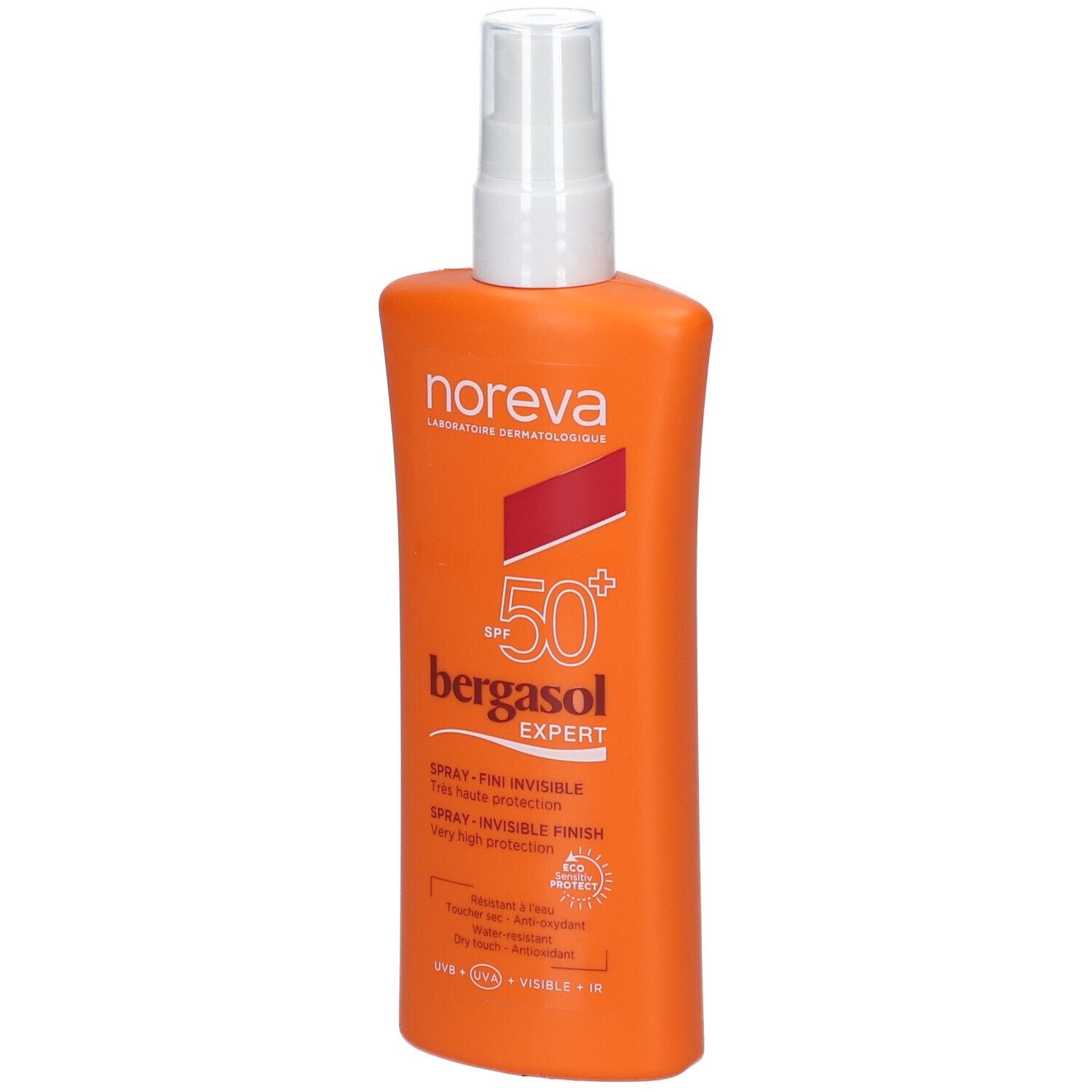 Orangefarbene Sprühflasche mit weißem Sprühkopf. Aufschrift: Noreva, SPF 50+, bergasol expert, Invisible Finish.